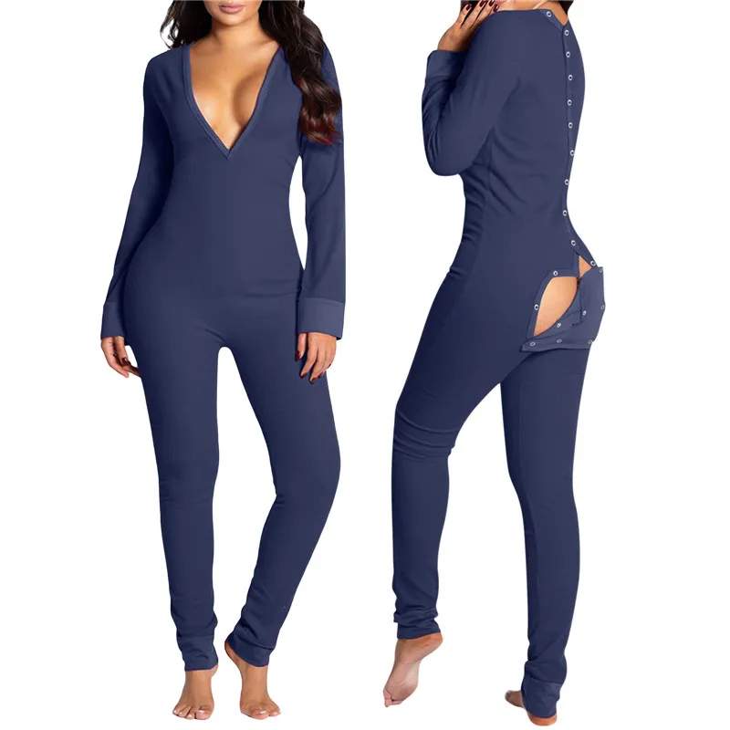 

Women's Solid V-neck High Waist Jumpsuit Casual Tight Solid Color Romper Long Sleeve Long Pants Home Clothing