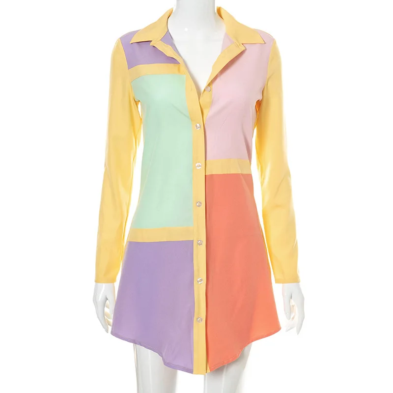 

Women's Mid-length Shirts 2021 Summer New Casual European and American Loose Stitching Contrast Color Shirt Collar Mid Tops Lady