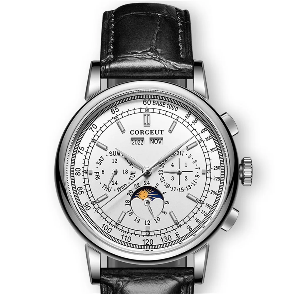 

Top Brand 41.5mm CORGEUT Mechanical wristwatches moon Phase White Dial Silver Year Day Month Week 316L Case Automatic Watch men