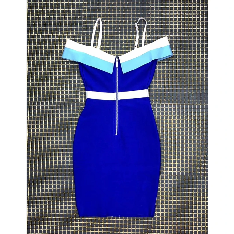 

High Quality 2019 Elegant Style Spaghetti Strap Bandage Dress Fashion Blue Striped Short Sleeve Dress Celebrity Party Vestidos
