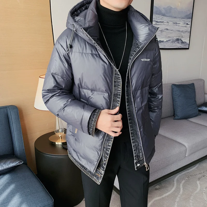 Winter Thick Warm Men's Down Jackets Fashion Hooded Duck Down Jacket Denim Stitching Waterproof Outdoor Coat Parkas Men Clothing