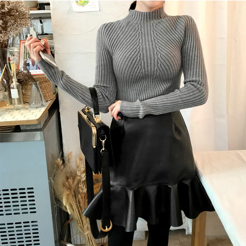 white balck Autumn Women lady sweater high elastic Solid Turtleneck women slim sexy tight Bottoming Knitted Pullovers | Женская одежда