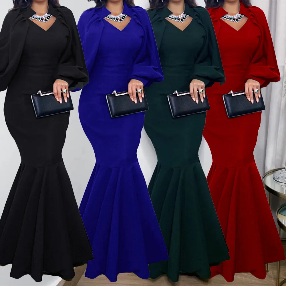 

Women Long Party Dress Long Lantern Sleeves V Neck Occasion Celebrate Evening Event African Female Night Date Out Robes Vestidos