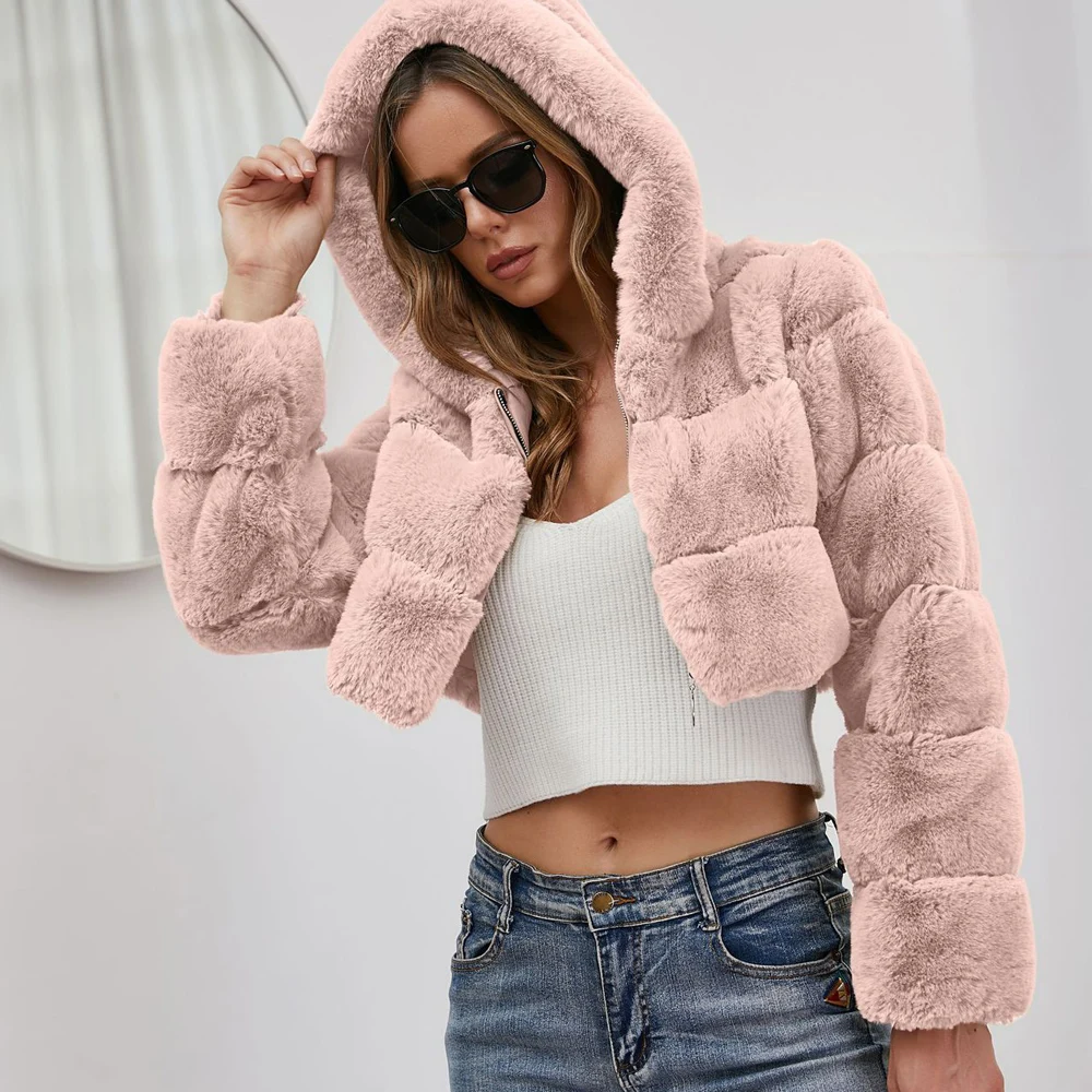 High Quality Furry Cropped Faux Fur Coats Short Jackets Women Fluffy Top Coat With Hooded Winter Luxury Fur Jacket Manteau Femme
