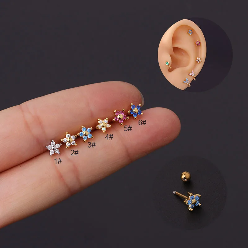 1Pcs 20G Stainless Steel Mini Flower Stud Earrings for Women Colorful CZ Helix Cartilage Earring Ear Bone Nail Piercing Jewelry