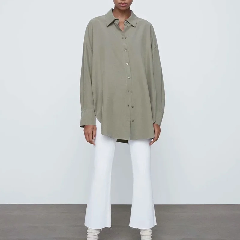 Темно-серая рубашка Женский мешковатый Топ с длинным рукавом Повседневная