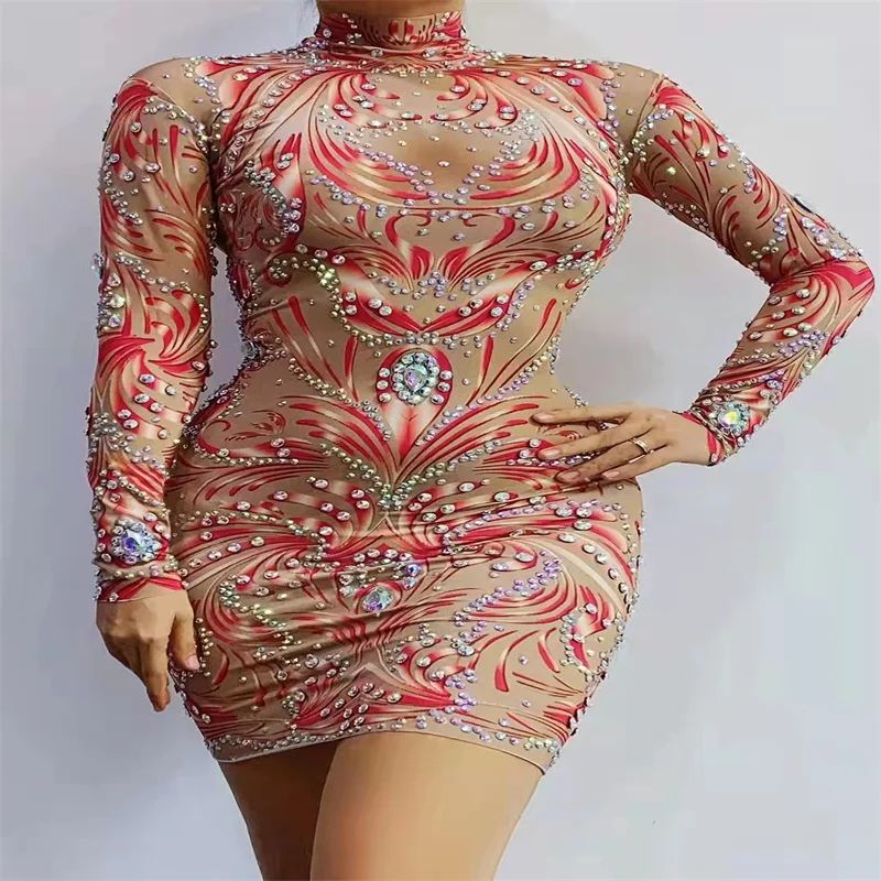 

QA9 Birthday Wears Red 3D Printing Evening Dress Long Sleeve Diamonds Skirt Stretched Drilling Party Costume DJ Outfits Singer