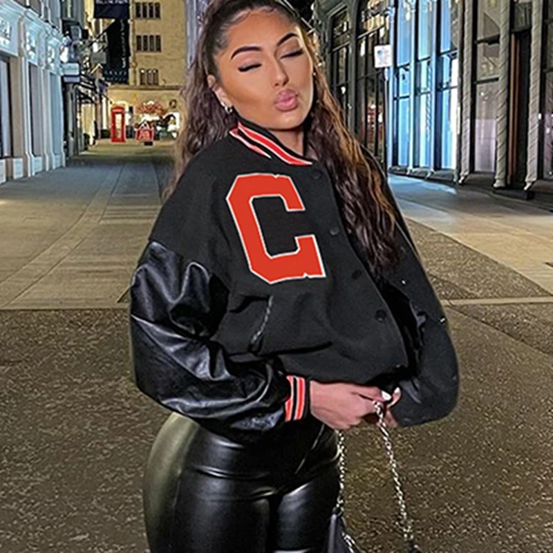 

Harajuku Boyfriend Oversized Jacket Women Letter Print PU Sleeve Patchwork Black Baseball Bomber Coat Korean Hip Hop Clothes