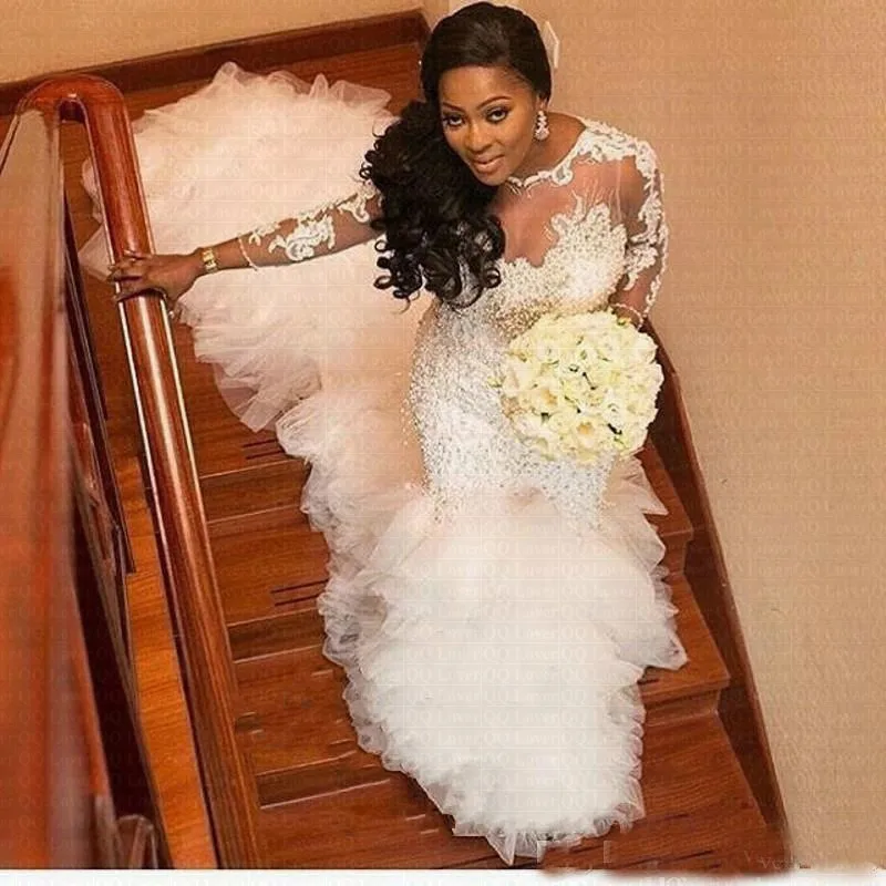 

Heavy Pearls Handwork Beading Luxury Train African Mermard Wedding Dresses Long Sleeve Lace Appliques Lace Wedding Dress