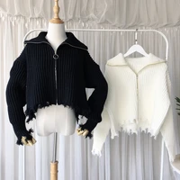 tassled irregular knitted cardigan spring autumn new loose lazy zipper turtleneck womens sweater