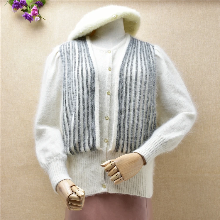 

Женский винтажный Пушистый кардиган из ангоры, Свободный кардиган из меха кролика, Осень-зима, белая норковая кашемировая куртка, пальто, св...