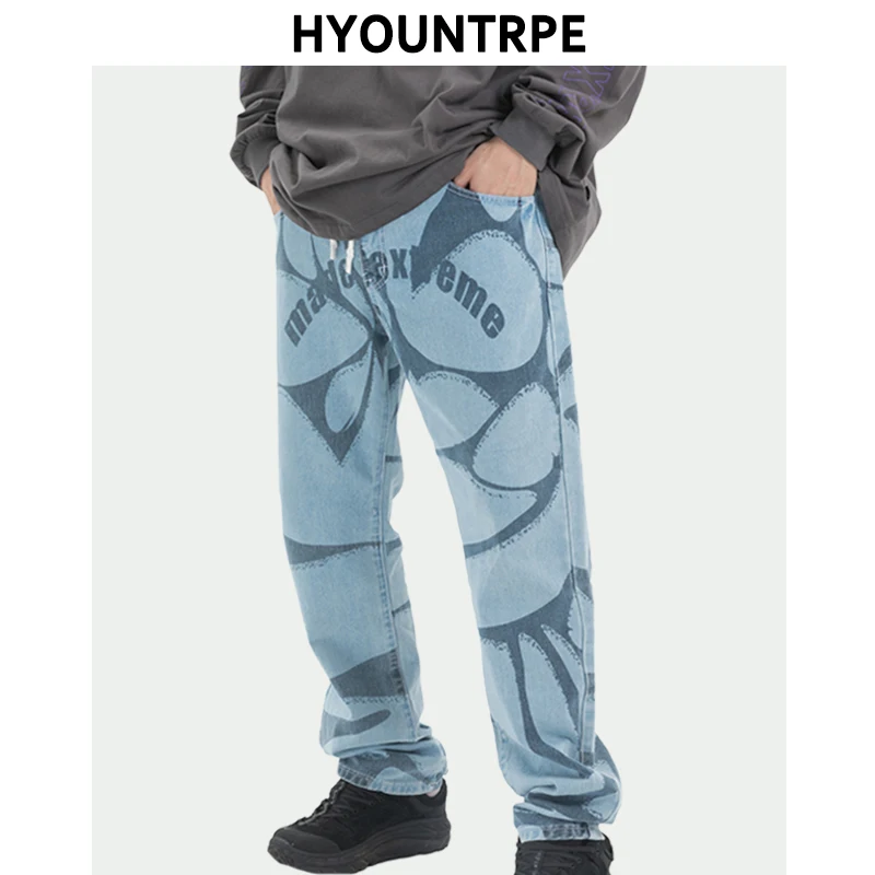 Irregular Geometric Printed Denim Jeans Men Elastic Waist Drewstring Straight Pant Hip Hop Streetwear Autumn Winter Pants Jogger | Мужская