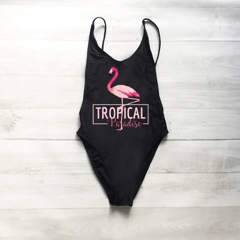 Женский слитный купальник с открытой спиной бикини рисунком фламинго и высоким