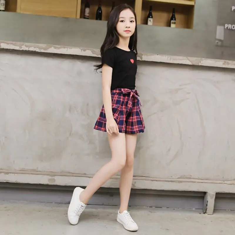 blackteeplaidshorts MERI AMMI/комплект одежды для маленьких девочек, кружевная футболка без рукавов, топ с цветочным рисунком+ юбка с бантом, верхняя одежда для От 2 до 11 лет, детей - Цвет: blackteeplaidshorts