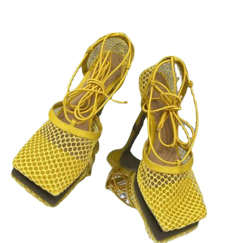 

Сандалии женские сетчатые с квадратным носком, пикантные босоножки на шнуровке, открытый носок, высокий каблук, ремешок на щиколотке, лето ...