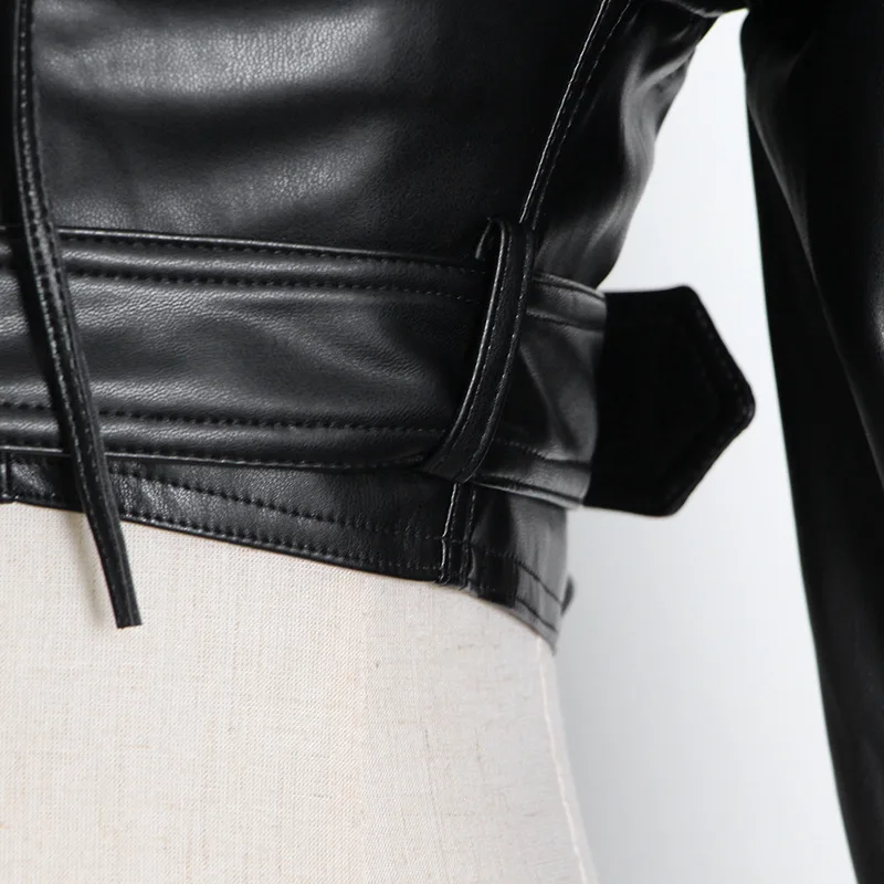 

FNOCE 2021 new spring women's T-shirts fashion sexy all-match Artificial leather long sleeve Square Collar belt shorts crop tops