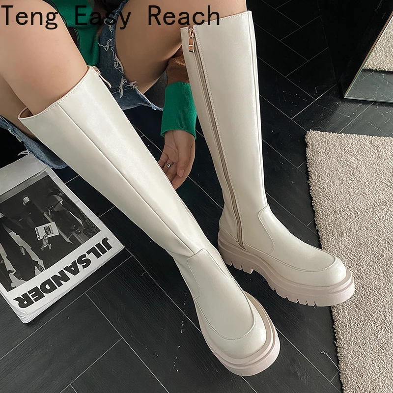 

2021 New White Med Heels Knee High Boots Women Zip Thick Sole Comfort Loose Chelsea Boots Woman Autumn Platform Botas