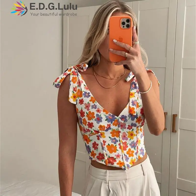 

EDGLuLu 2021 женские элегантные французские винтажные топы с принтом и V-образным вырезом на шнуровке эритропические рубашки сексуальный стильн...