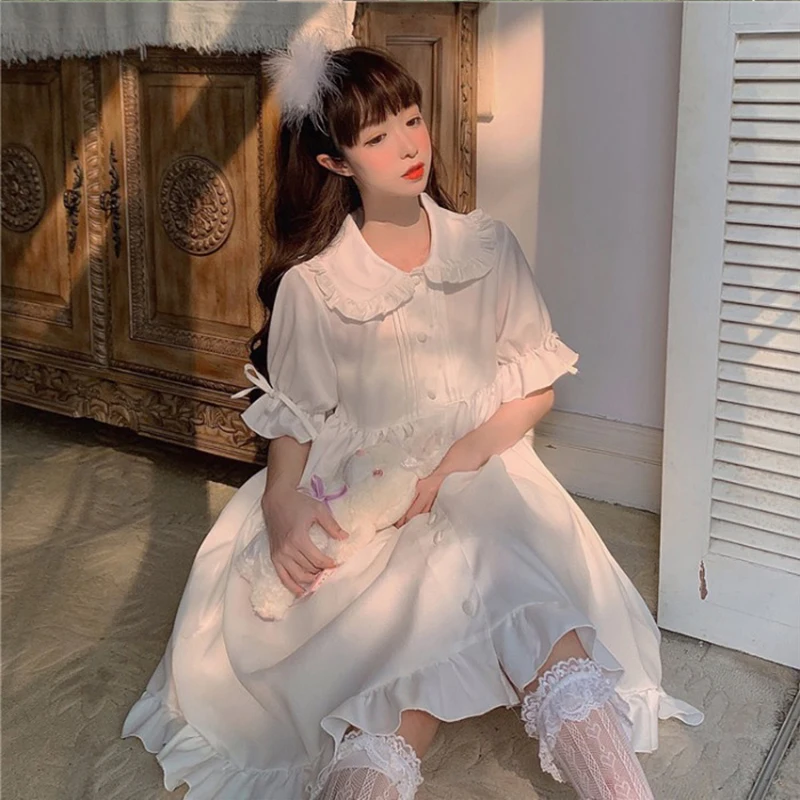 

White Lolita Daily Dress For Teens Retro Vintage Gothic Victorian Japanese Style School Student Ruffles Sweet Girl Princess