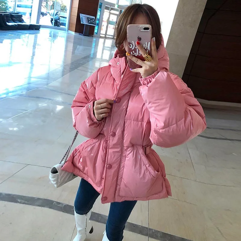 Pink colour New Winter Women's Jacket hooded parka Bright Colors Insulated Puffy Coat collar hooded Parka Loose waist Belt outwear M192 - Цвет: Pink colour