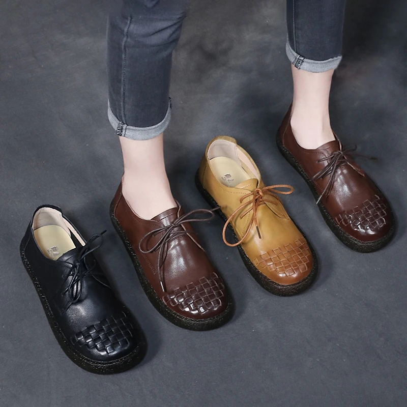 

PEIPAH 2021 Genuine Leather Oxford Shoes for Women Lace Up Retro Flats Ladies Casual Woven Plaid Shoes Female Plus Size Footwear
