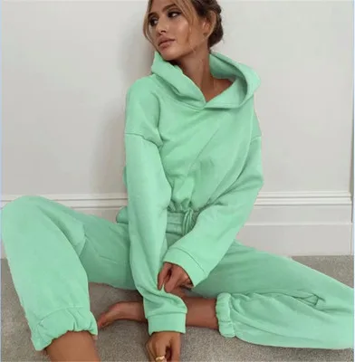 Women Sports 2 PCS Set Sweatshirts Holiday suit female Hoodies Pants  Home Sweatpants Trousers Outfits Solid Casual Tracksuit