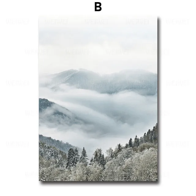 Туман риф снег гора озеро сосна лес настенная Картина на холсте скандинавские