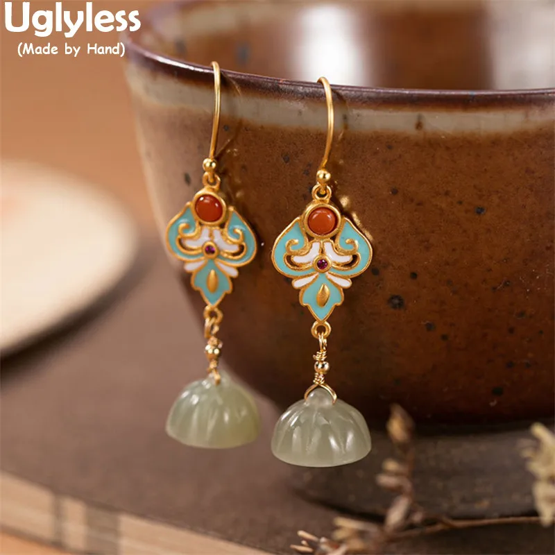 

Uglyless Enamel Vintage Totem Leaves Earrings for Women China Chic Natural Jade Lotus Earrings 925 Silver Brincos Agate Jewelry