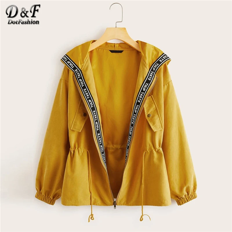 Dotfashion, повседневная женская куртка с капюшоном и завязками на талии, осень, с буквенным принтом, Лоскутная Верхняя одежда, женские куртки на молнии