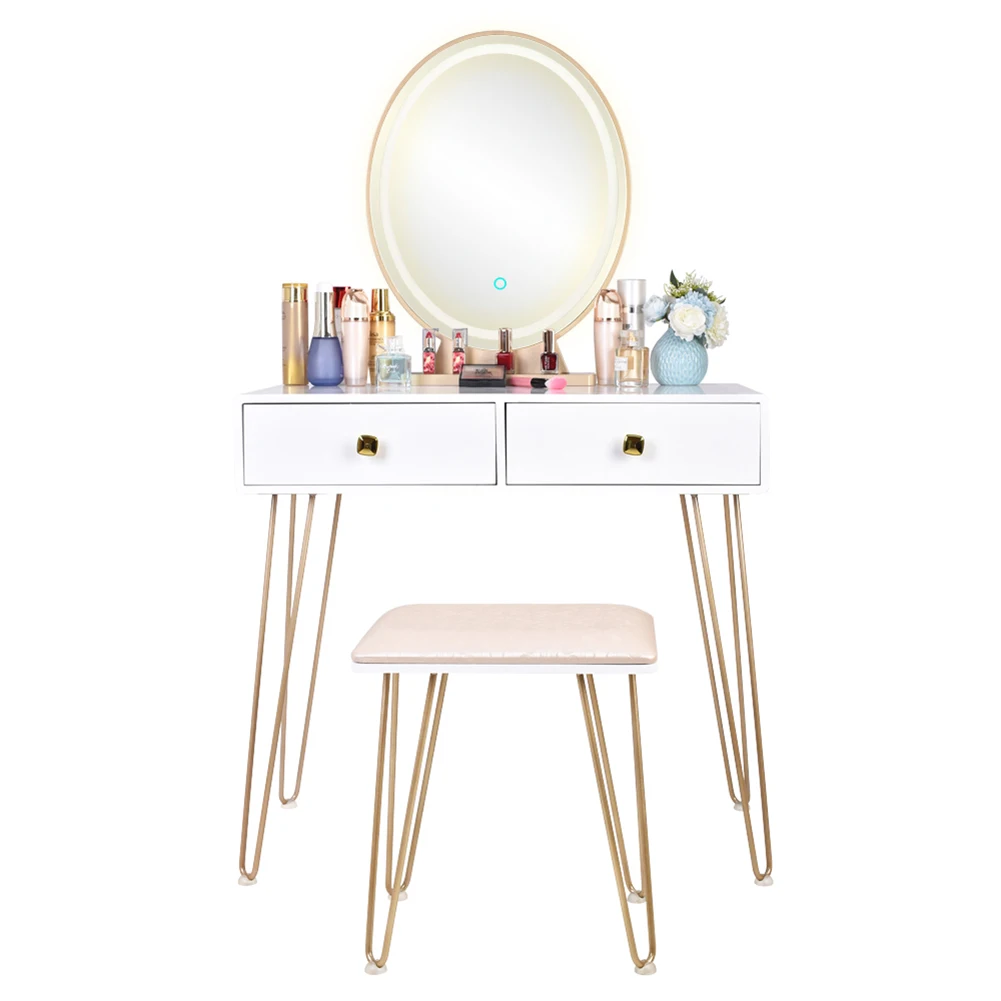 

Bedroom Iron Dressing Table Simple Dressing Table Golden Iron Foot White Desktop With Light Three-Co
