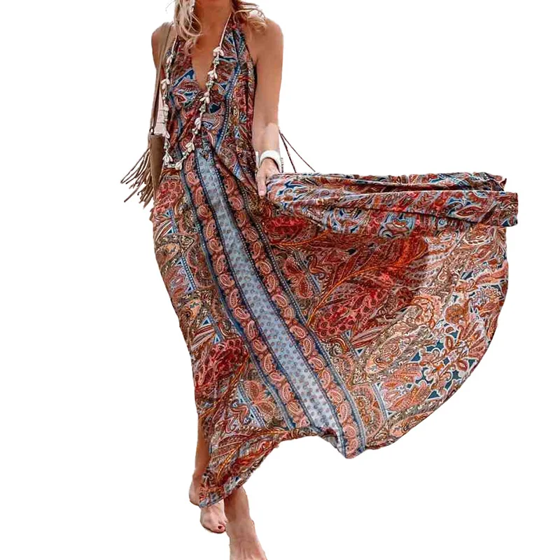 

Summer Women Dress Bohemian Loose Casual Sleeveless V-neck Maxi Dress Vintage Off Shoulder Beach Backless Female Dresses Vestido