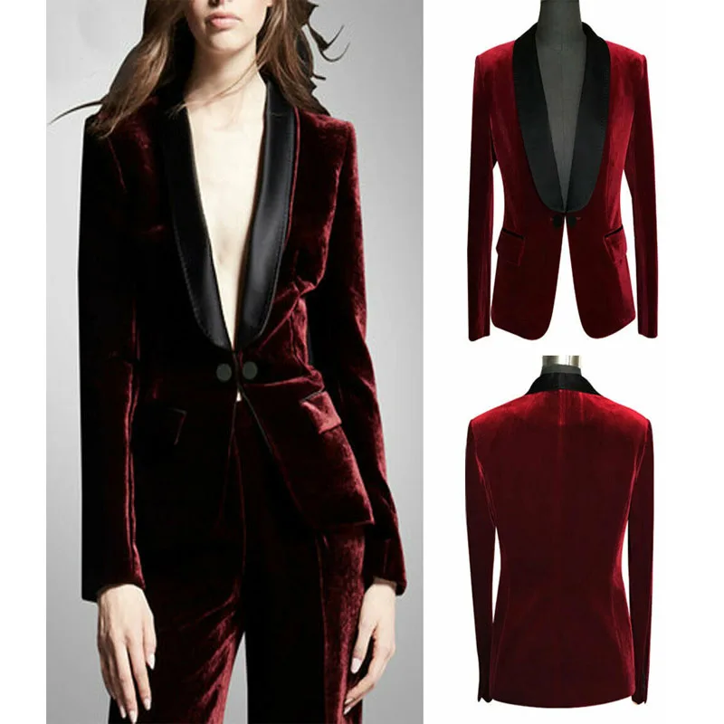 Бордовые бархатные торжественные костюмы из 2 предметов (пиджак + брюки) женские