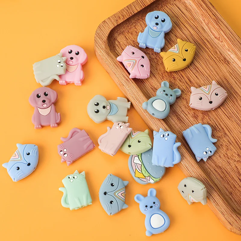 Cuentas de silicona de dibujos animados para beb&eacute;, cadena de chupete sin BPA, accesorios para mordedor, conejo, gato, arco&iacute;ris, 10 piezas-3