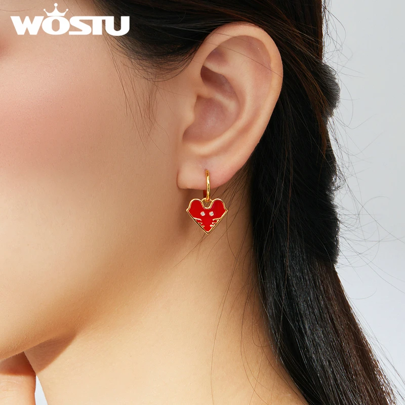 WOSTU Genuine 925 Sterling Silver Lucky Mouse Rat Hoop Earrings Red Enamel Heart Gold New Years Jewelry Gift FIE836 | Украшения и