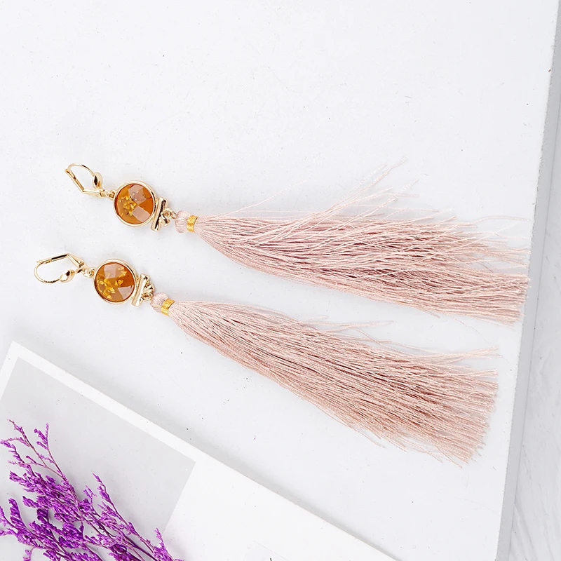 Круглые серьги ручной работы из смолы с драгоценными камнями длинные кисточками