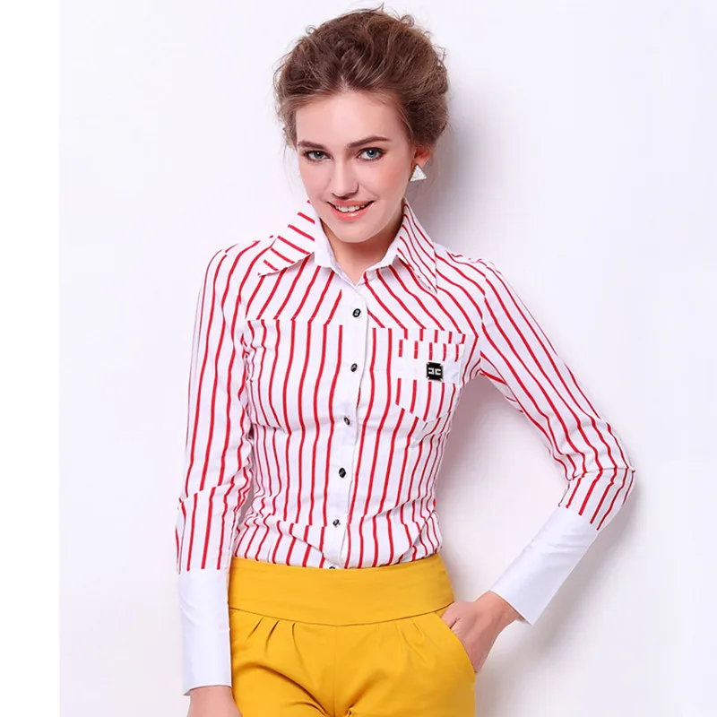 2017 Women Stripes Cotton Office Wear Body Blouse Shirt Ladies Slim Long Sleeve Red Balck One Piece | Женская одежда