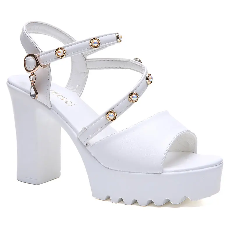 

Rhinestone Sandals Open Toe High Heels 2021 Summer Comfort Shoes for Women Buckle Suit Female Beige All-Match Espadrilles Platfo