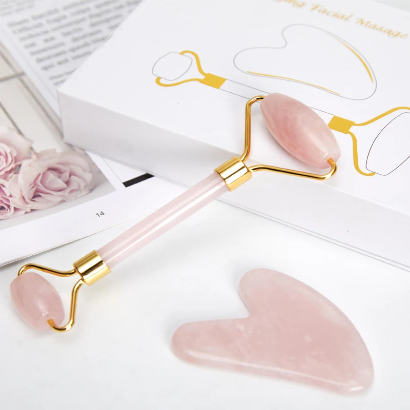 

Rose Quartz Roller Slimming Face Massager Lifting Tool Natural Jade Facial Massage Roller Stone Skin Massage Beauty Care Set Box