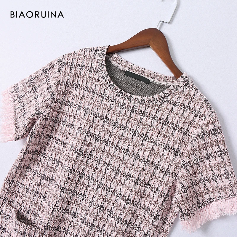 BIAORUINA женское шикарное твидовое лоскутное прямое мини-платье с кисточками