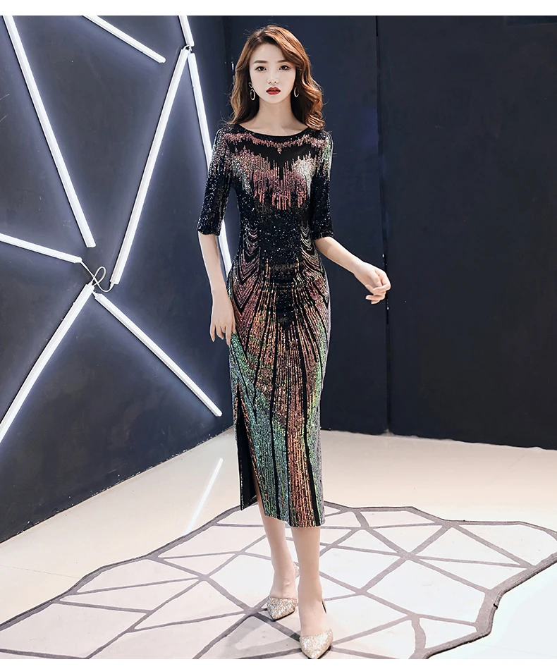Robe De Soiree Новое Сексуальное вечернее платье с блестками, о-образный вырез, половина рукава, макси платье, вечерние платья для выпускного вечера AE474
