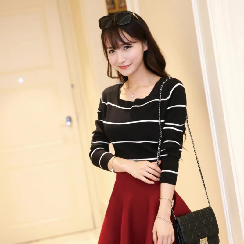 

QRWR 2020 Autumn Winter Women Sweater Fashion New Korean Style Slash Neck Long Sleeve knitted Slim Fit Striped Sweater Momen