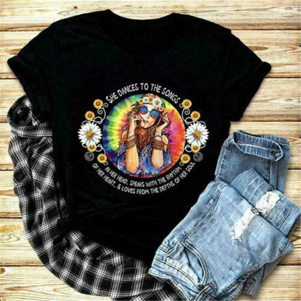 Хиппи она танцует с песнями в ее голове черные мужские хлопковые футболки S 6Xl