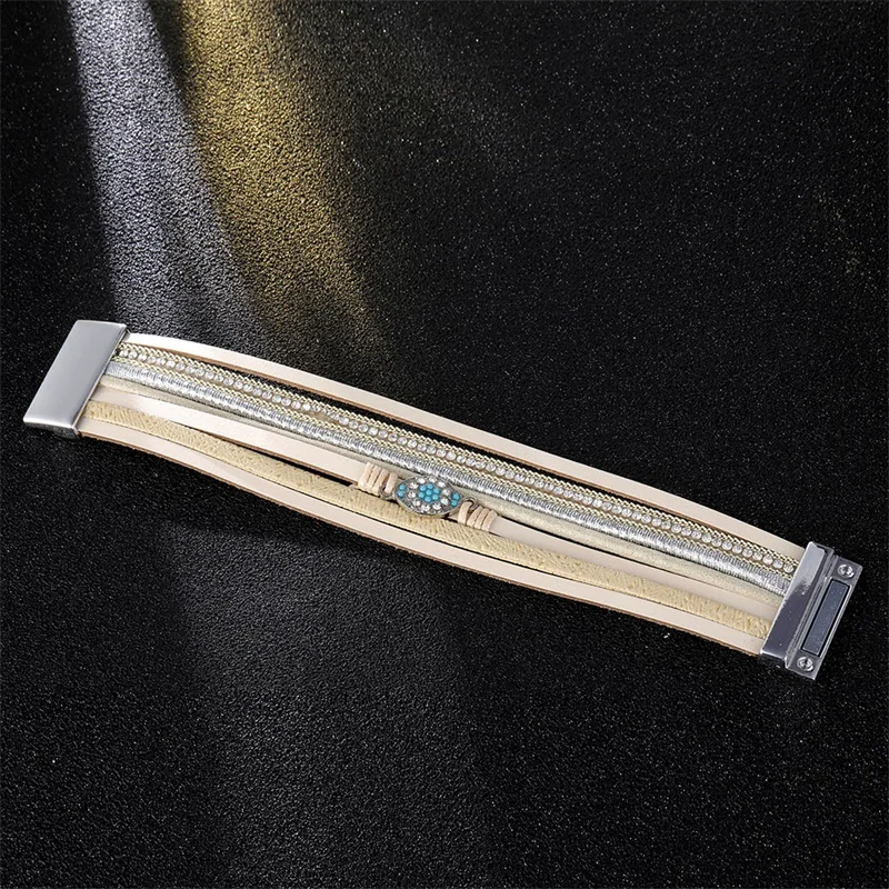 Многослойный кожаный браслет в стиле бохо Плетеный Браслет-манжета Кристальные