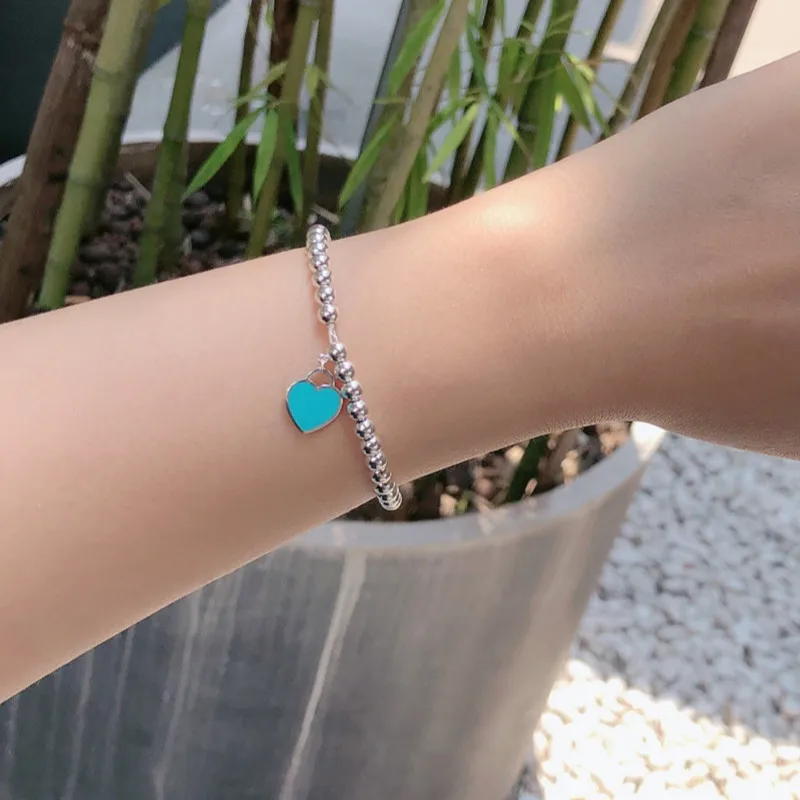 

S925 Sterling Silver Lady's Classic Bracelet, Enamel Heart Shape, 4mm Bead, Popular in Europe And America, Lady's Holiday Gift