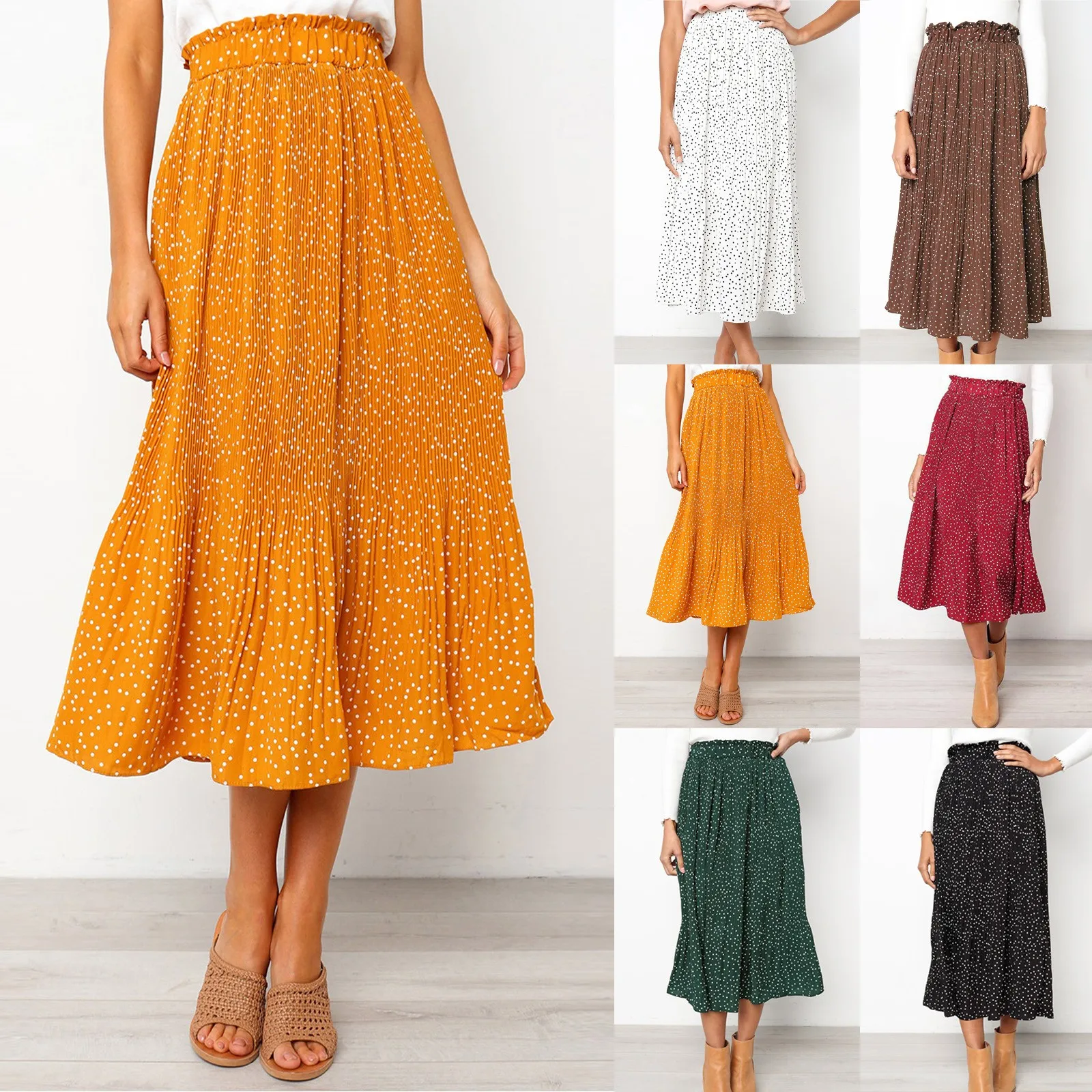 

Girls Dresses Hot Sale High Quality Women's Casual Elegant High Waist Dot Pleated Skirt Midi Maxi Swing Skirt For Dropshipping