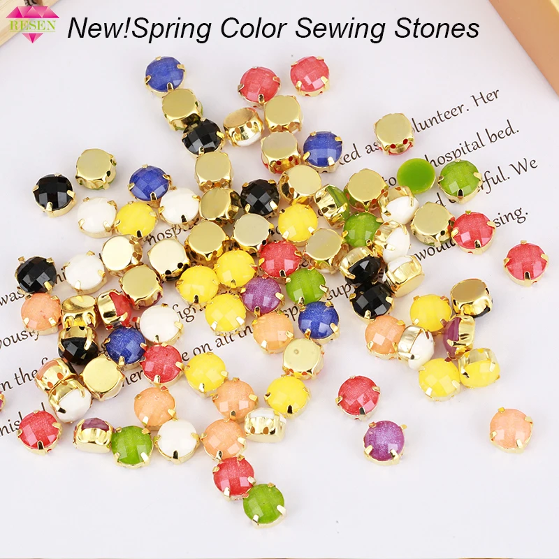 

RESEN New 8mm Mixed Spring Jelly Color Sewing Rhinestones With Gold Claw Flatback Resin DIY Sew On Rhinestone For Dresses