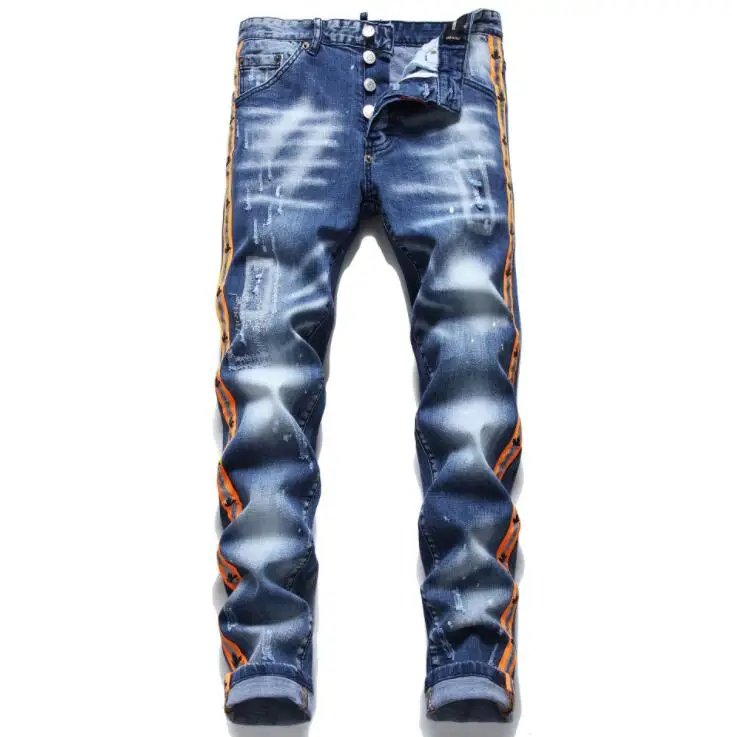 Autumn winter jeans homme men's широкие джинсы new slim white stretch trousers side orange webbing tight beggar pants