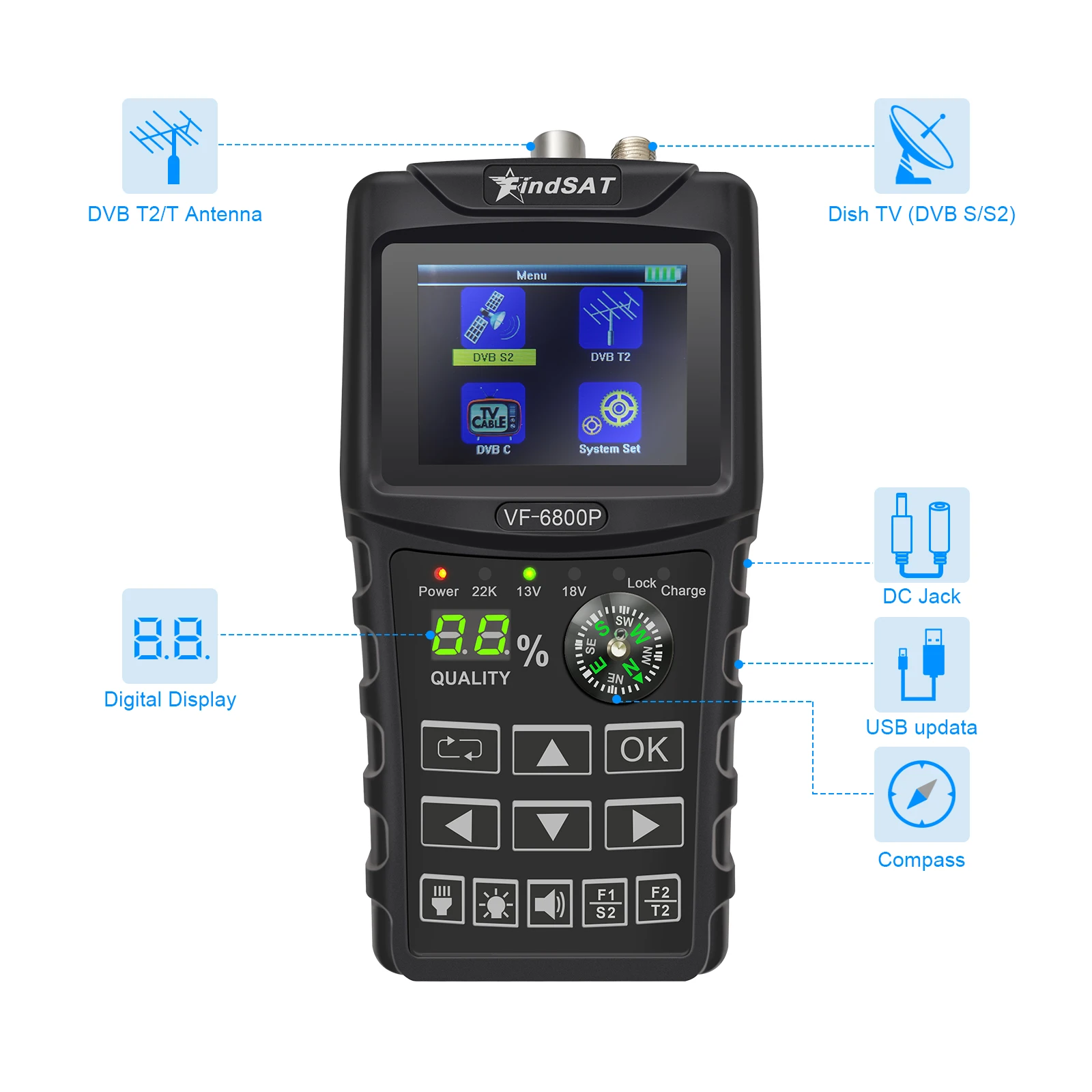 Φ Satellite Finder с полной поддержкой VF-6800/DVB-S DVB-T/T2 DVB-S2/C2 MPEG2/MPEG4 английский арабский