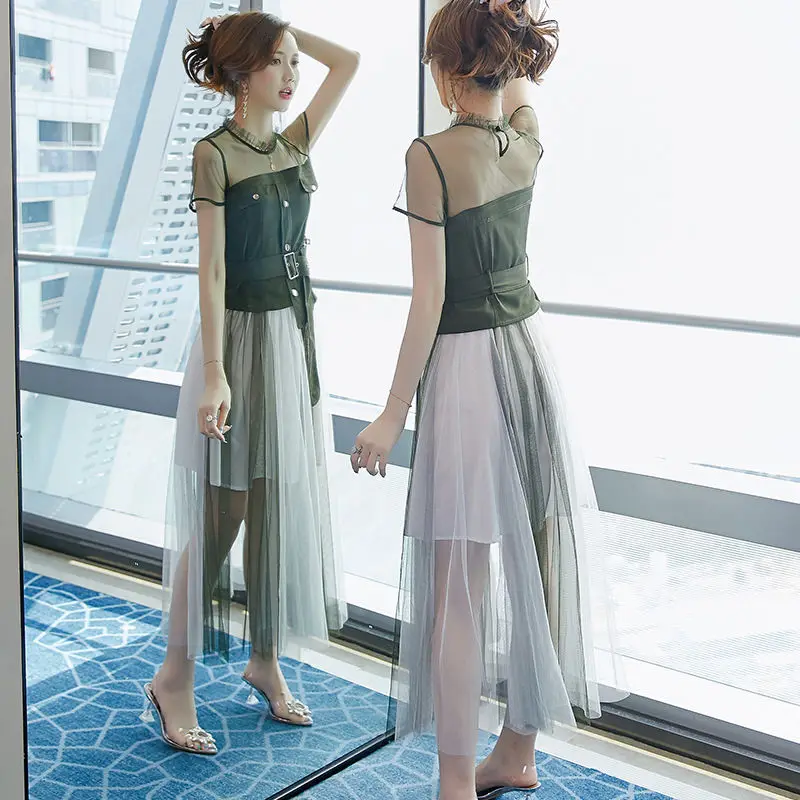 

Women 2021 Summer Elegant Princess Dress Female Short Sleeve Chic Mesh Dresses Ladies High Waist A-Line Fashion Vestidos K52