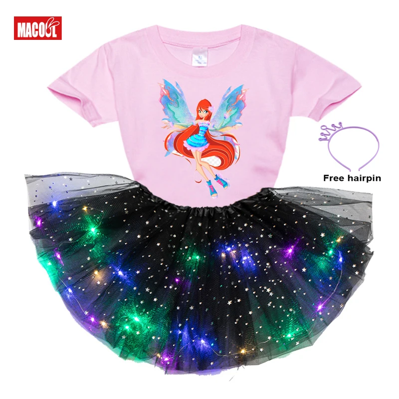 

2021 Summer Girls Tutu Dress Sets Party Gift Clothing Children Clothes Suit Kids Baby Led Light Tutu Sparkle Up Tutu Rainbow